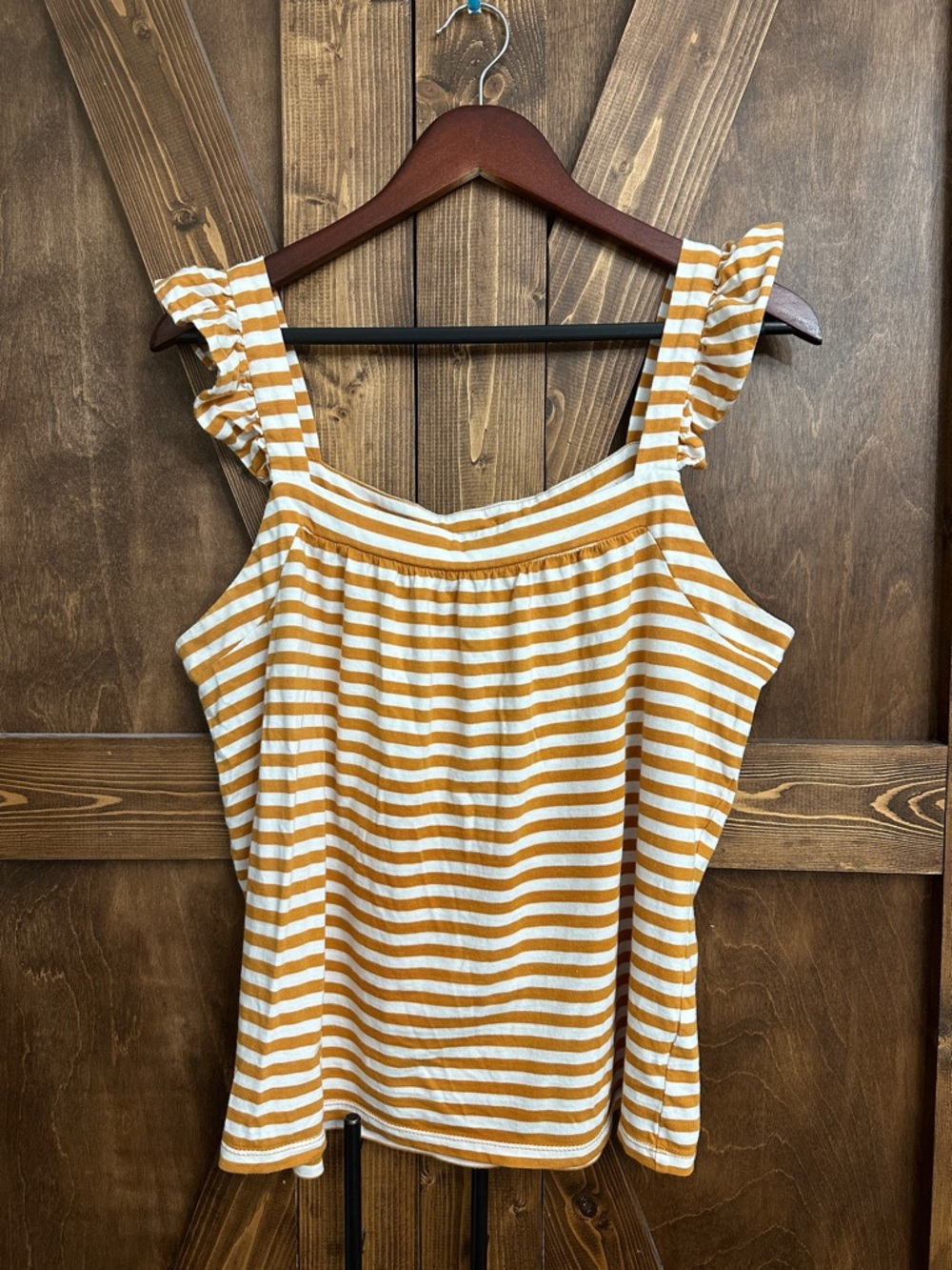 Michael Kors Rust and White Striped Ruffle-Shoulder Tank